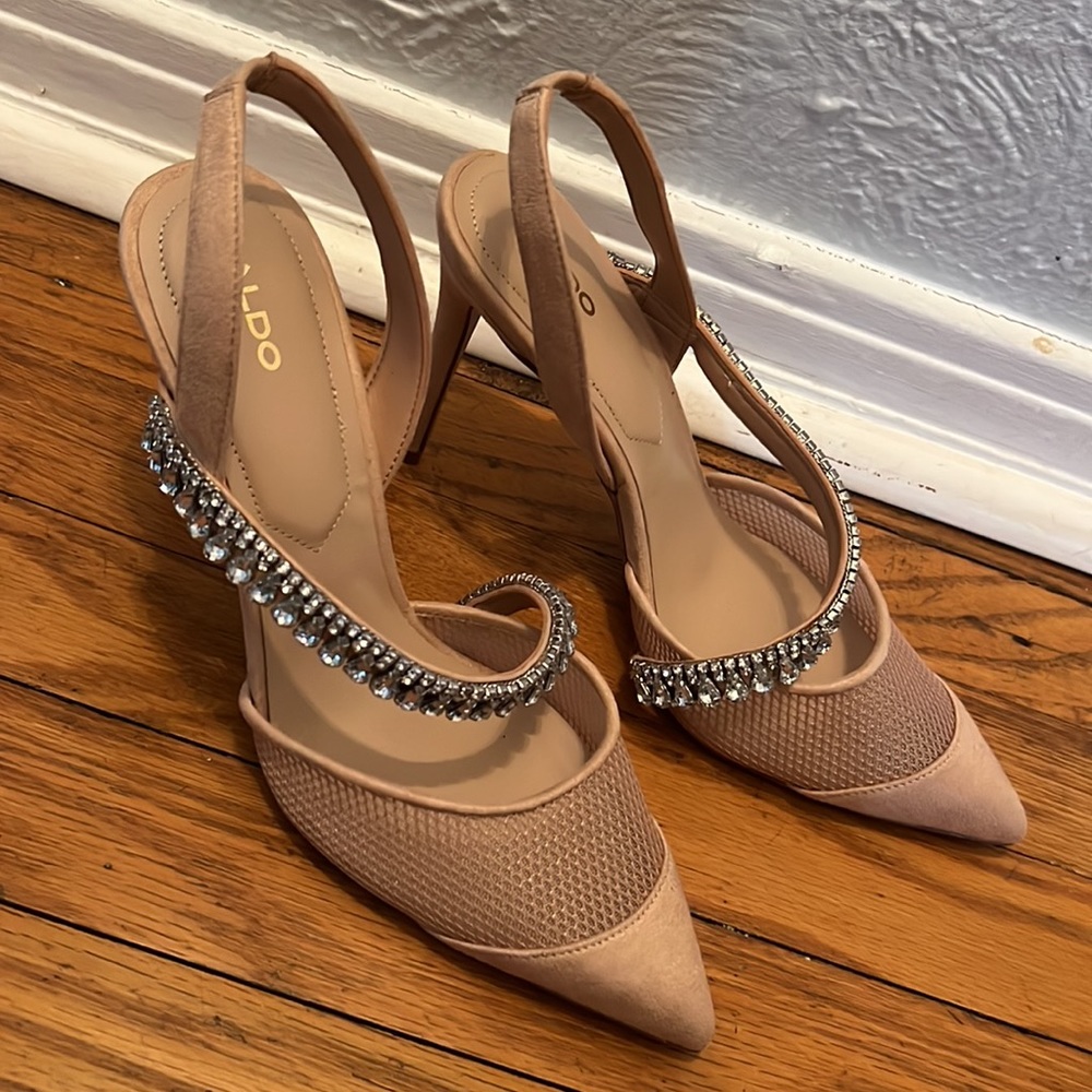 Aldo Women's Elegant Tan Heels with Sparkling Strap